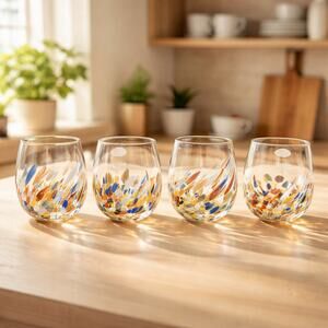 NWT White Cristal Murano Italy Confetti Art Glass Stemless Wine Glasses Set 4